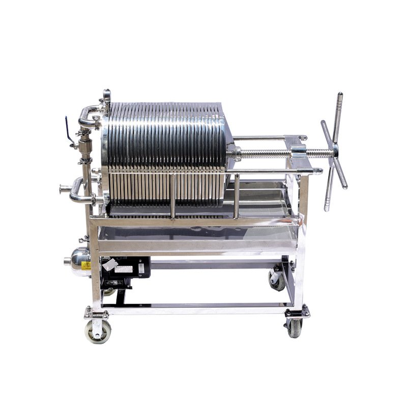 Compact stainless steel plate and frame filter press on a mobile frame, the small-rig format used for plating rinse-water polishing and dye bath clarification