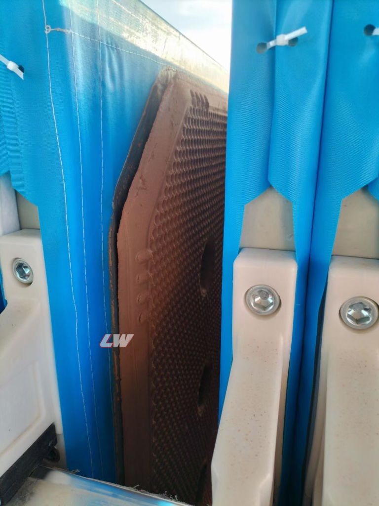 Membrane filter press plates after a dewatering cycle