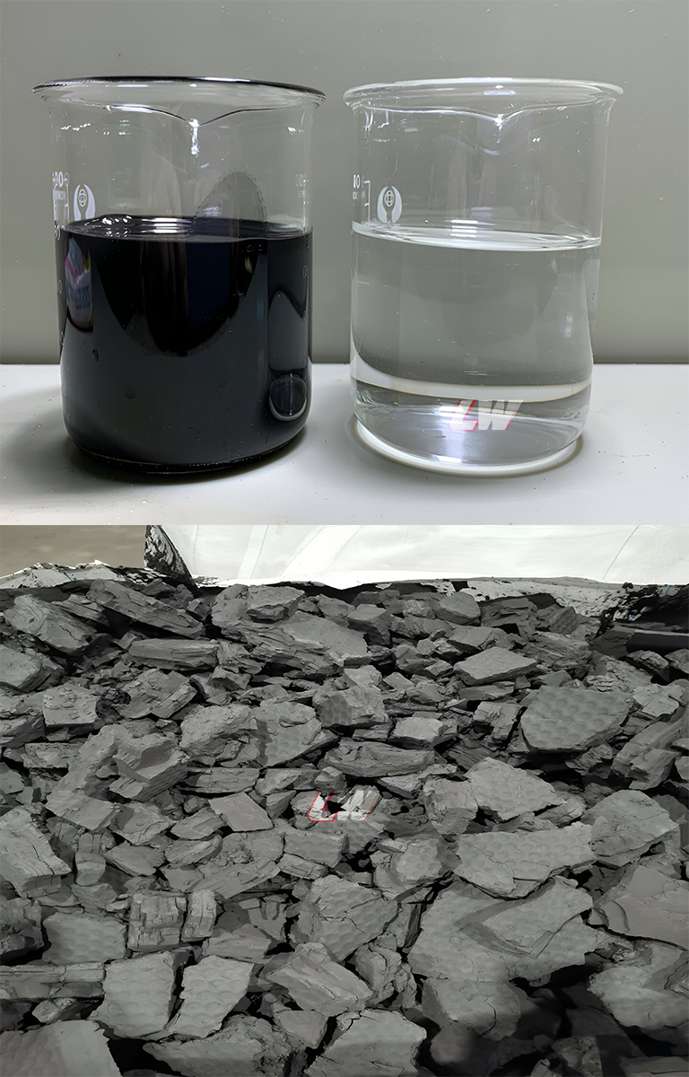 Two beakers on top showing the dark feed slurry and clear filtrate; below a pile of dry cake dropping from the plate pack