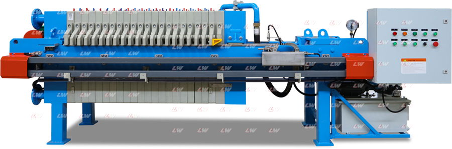Cutaway of a Loway lab pilot filter press showing feed pump, plate pack, closing system and control cabinet on one bench frame