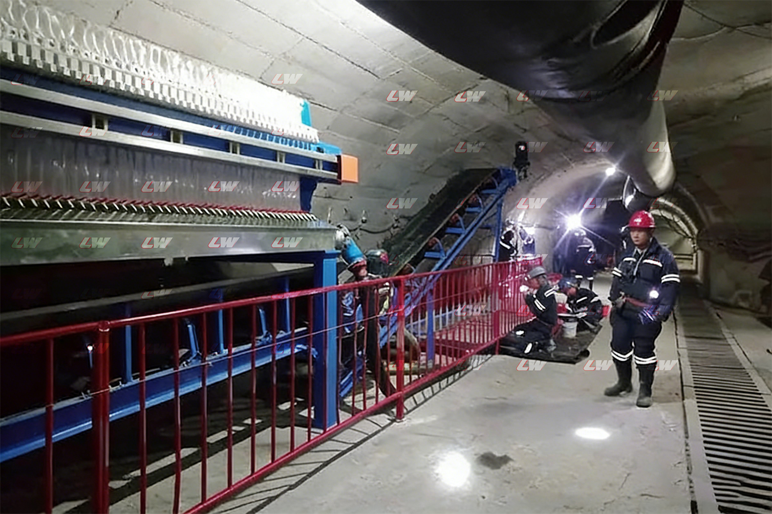 Filter press installation at mining customer site, long plate pack at night