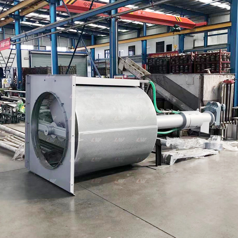 Complete LWZG rotary drum screen unit with drive shaft and spray system, built in the Loway workshop