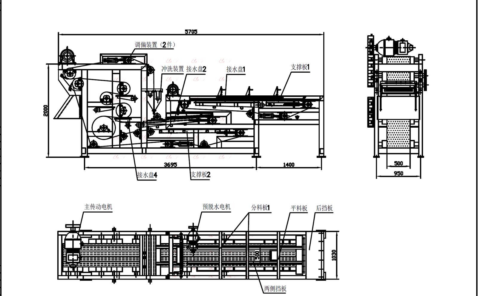 CAD drawing of a three-belt filter press — engineering section and plan views used in the QC drawing review