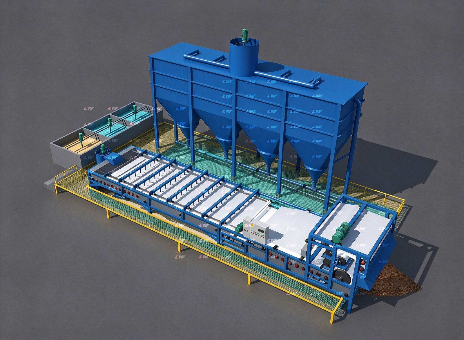 Integrated sludge pre-thickening and belt filter press 3D layout