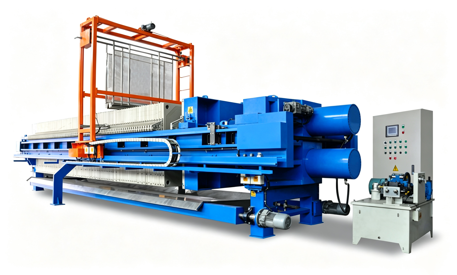 Automatic PLC-controlled filter press with blue hydraulic cylinders, plate pack and independent grey control cabinet