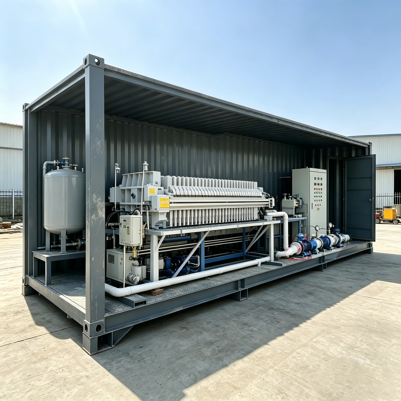 Loway containerized mobile filter press with integrated slurry conditioning, feed pump, plate pack and control cabinet inside a weatherproof container frame