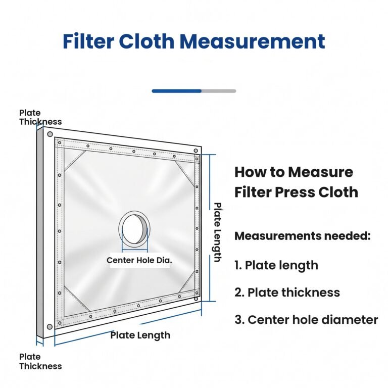 Filter press cloth measurement: plate length, plate thickness, centre hole diameter